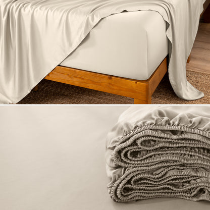 A split image of a mattress on a wooden bed frame and a fitted sheet rolled up.