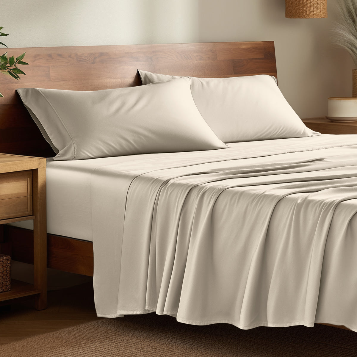 Bamboo bed sheets on a bed in a bedroom with night stands.