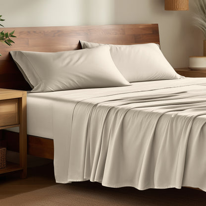 Bamboo bed sheets on a bed in a bedroom with night stands.