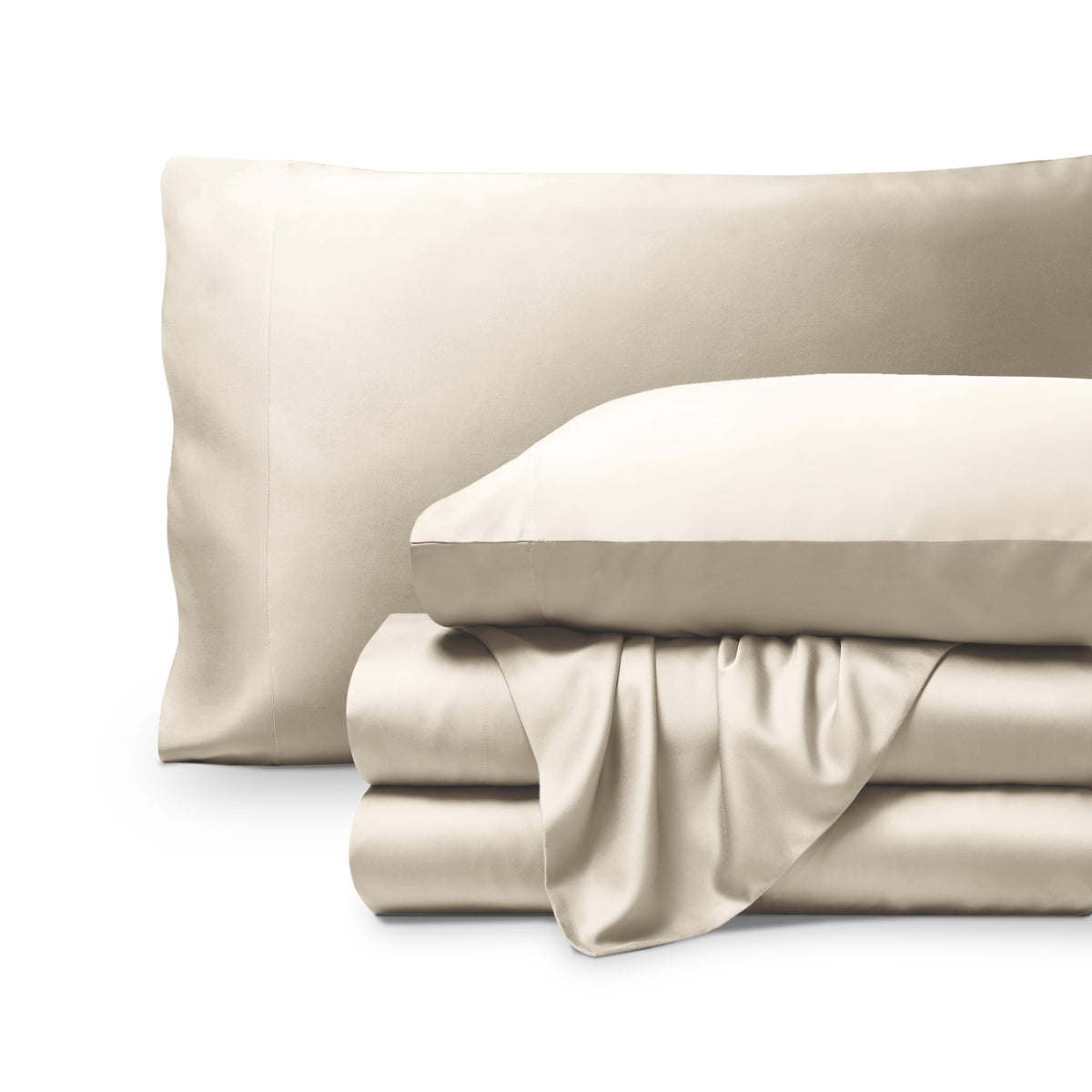 Bamboo pillowcases and sheets set on a white background