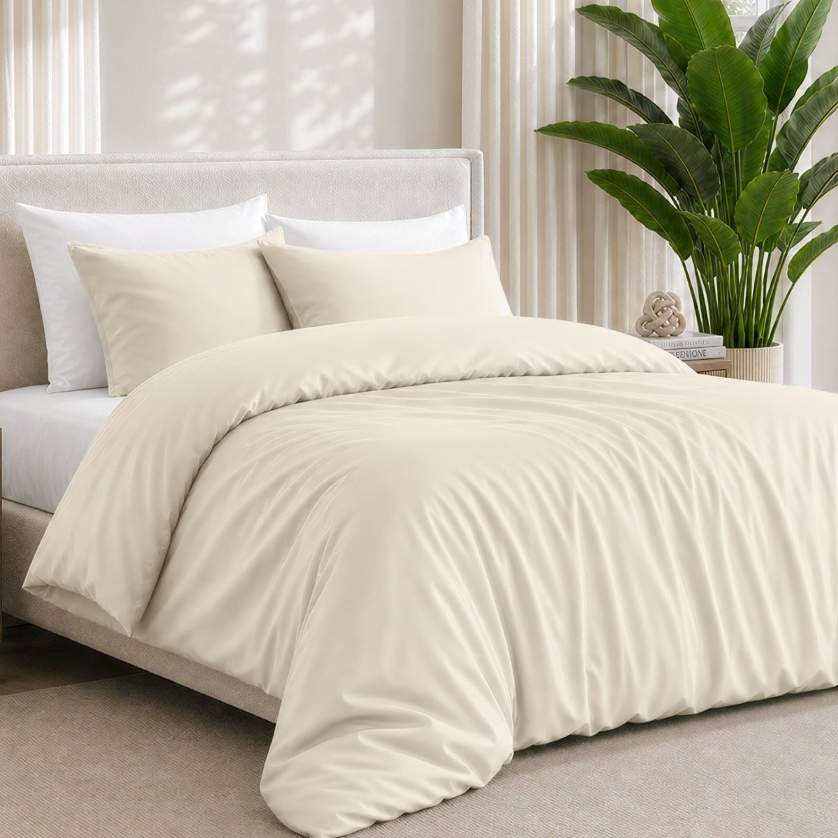 Bamboo bedding set on a bed in a bedroom with a plant in the corner.