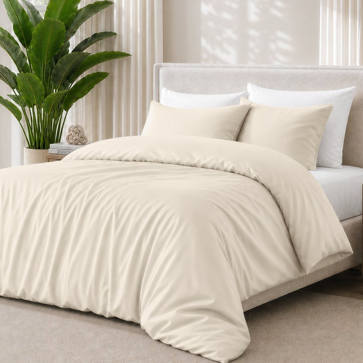 Sand bedding set on a bed with a plant in the background