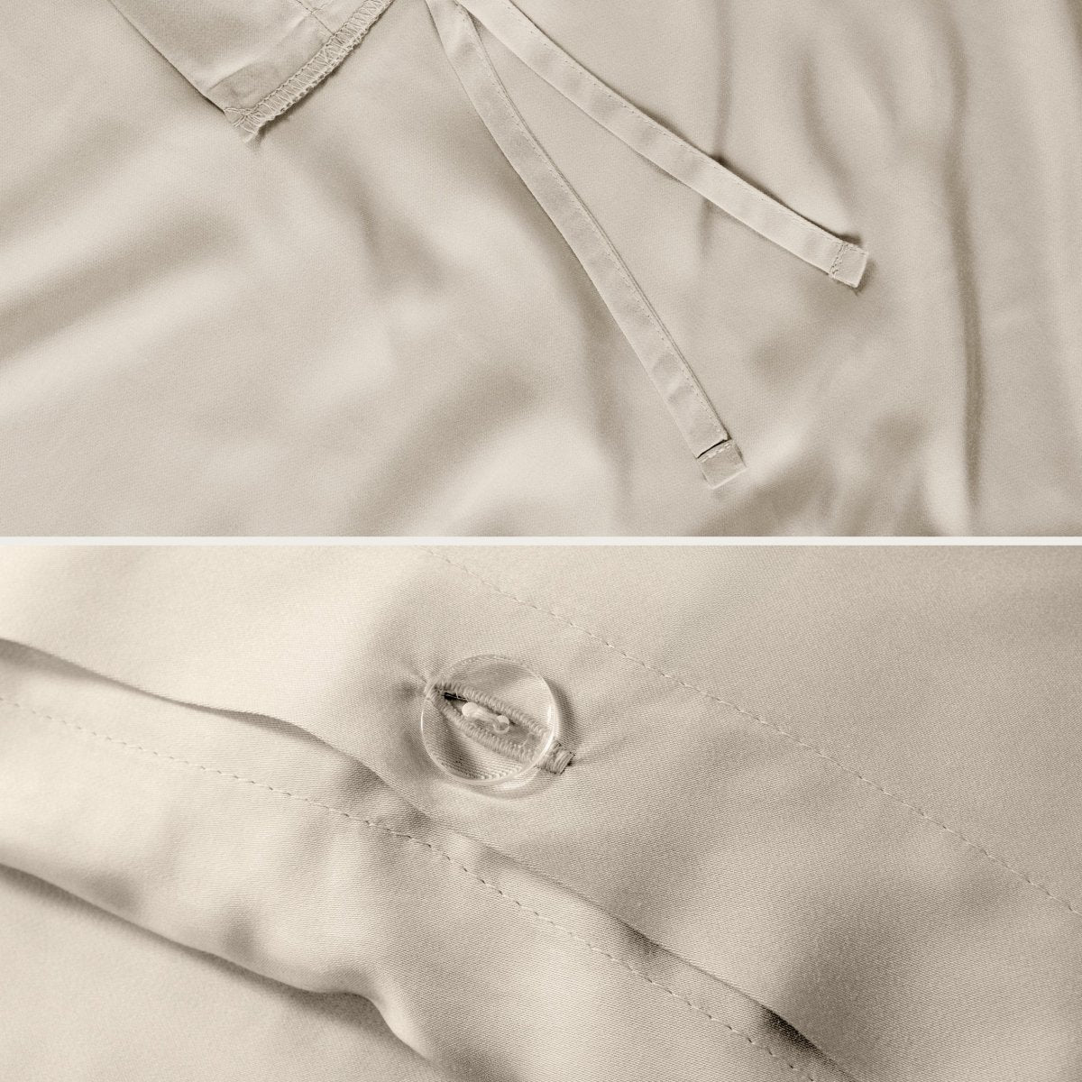 Close-up of the corner ties and button closure on a duvet cover