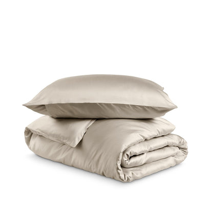 Bedding set with duvet cover and pillow shams on a white background