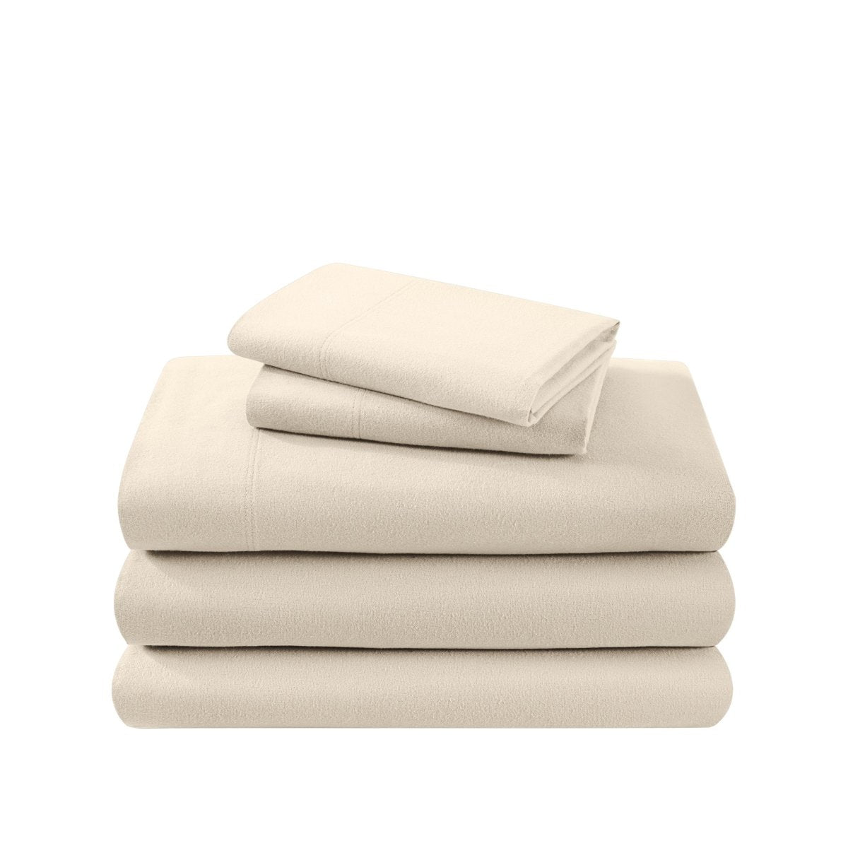 Cotton flannel sheet set folded and stacked on a white background