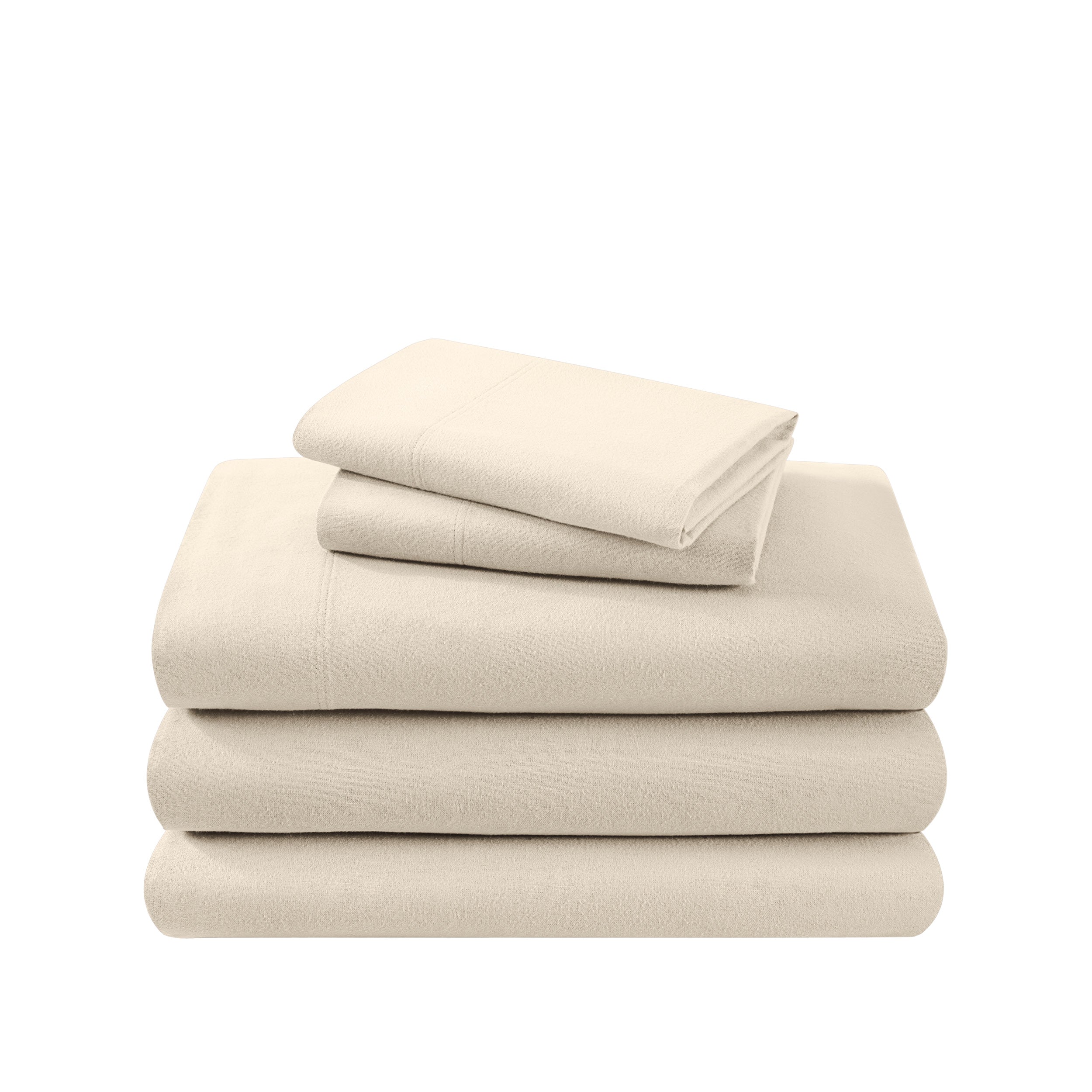 Cotton flannel sheet set folded and stacked on a white background