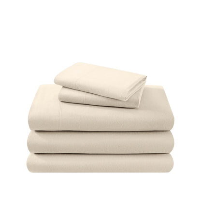 Cotton flannel sheet set folded and stacked on a white background