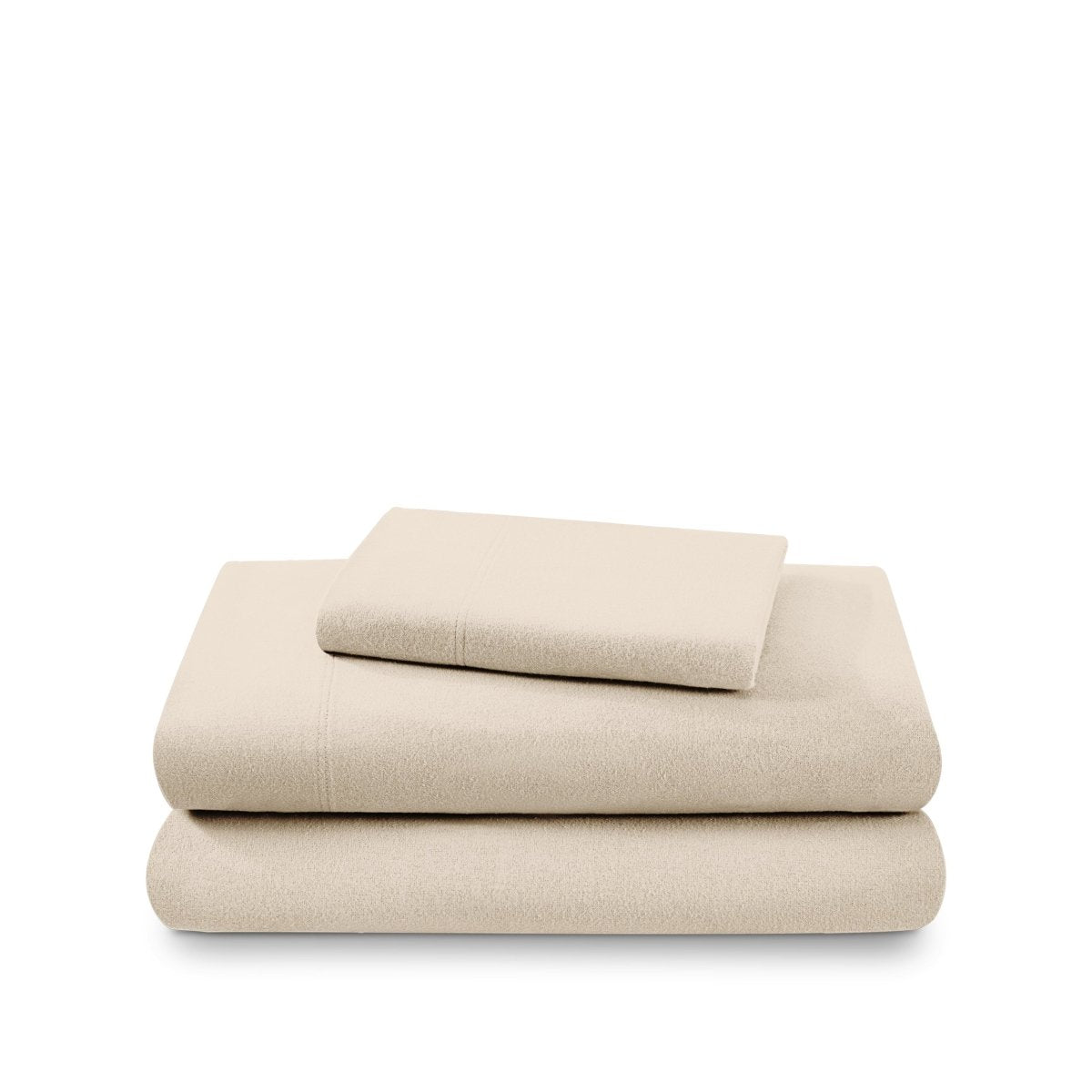 Cotton flannel sheet set folded and stacked on a white background
