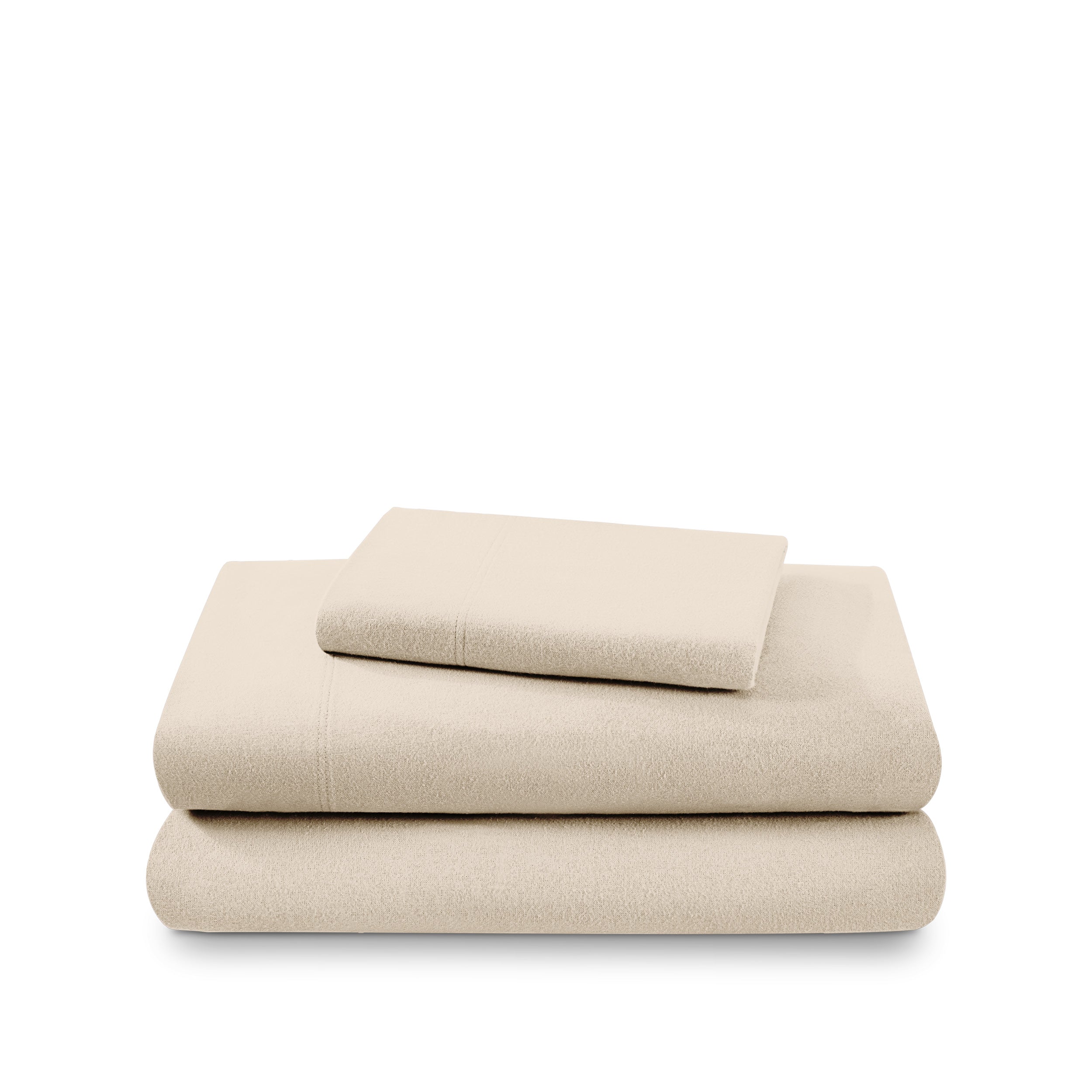 Cotton flannel sheet set folded and stacked on a white background