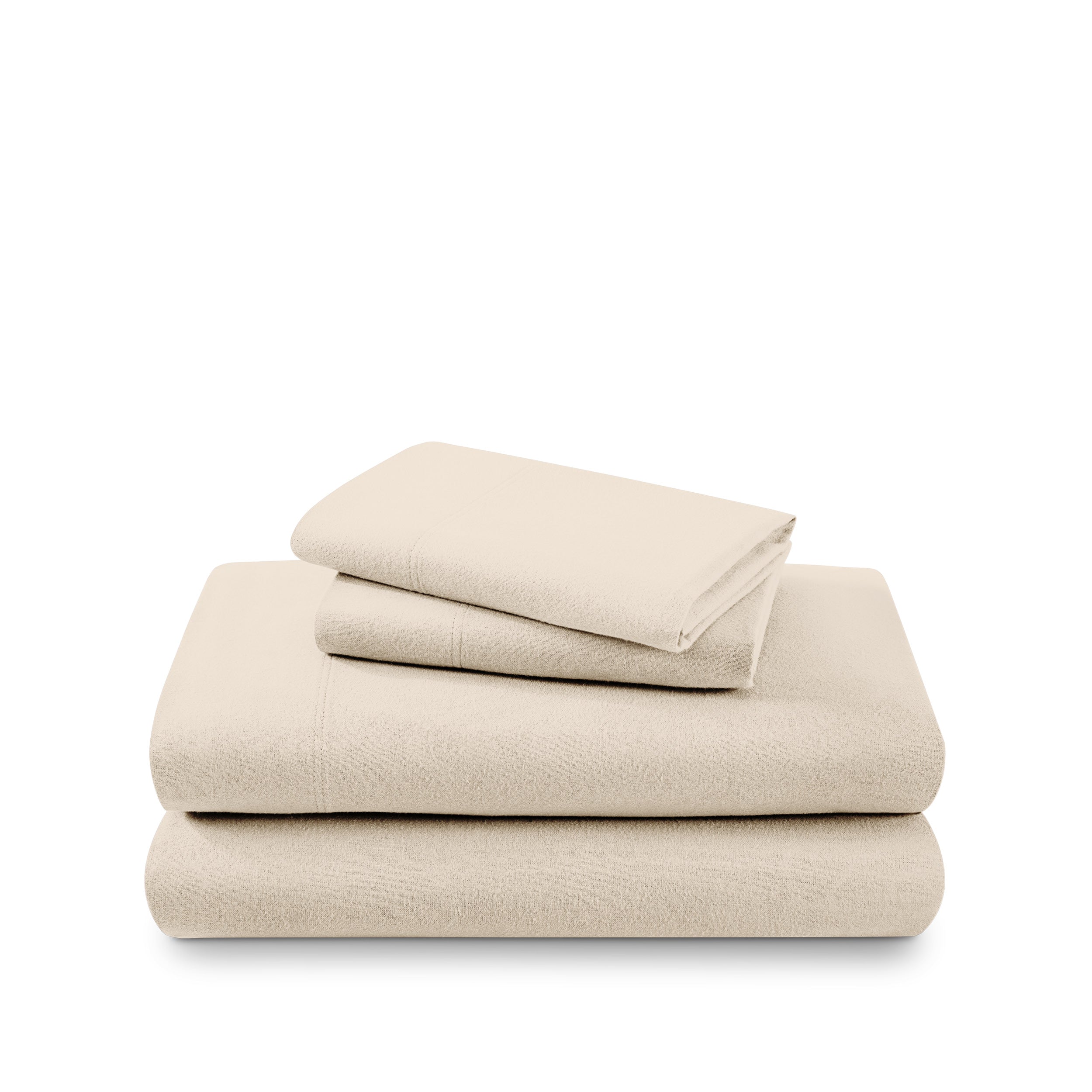 Cotton flannel sheet set folded and stacked on a white background