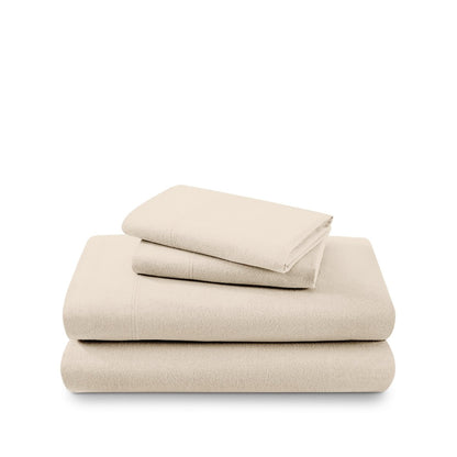 Cotton flannel sheet set folded and stacked on a white background