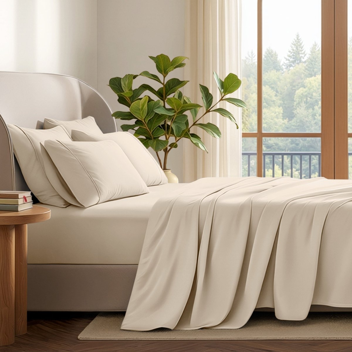A neatly made bed with in a softly lit bedroom. A large green plant stands beside the bed, and a window with curtains is visible in the background.