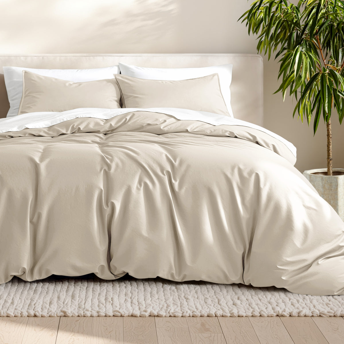 Microfiber bedding set on a bed with a neutral background