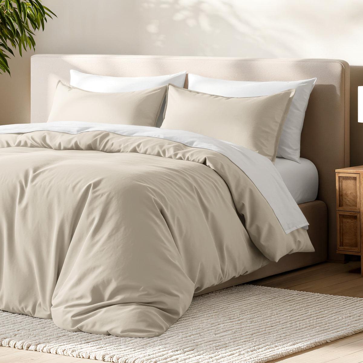 Bed with microfiber duvet cover and sham set in a bedroom setting.