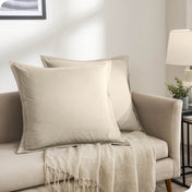 Two pillows on a beige couch in a living room setting.