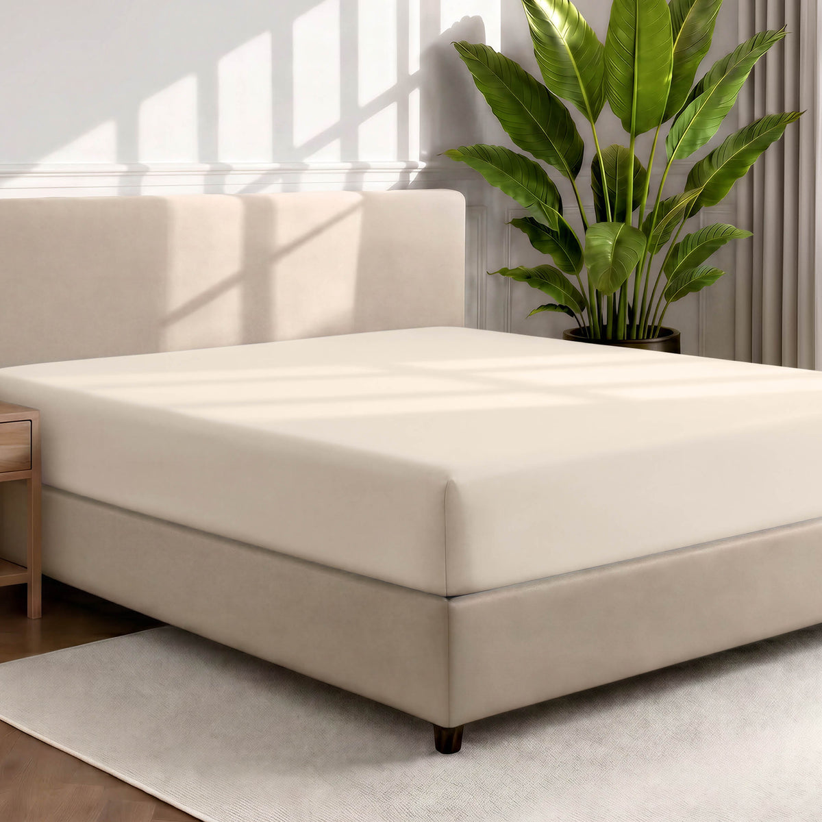 Man adjusting fitted sheet on a bed with white pillows.