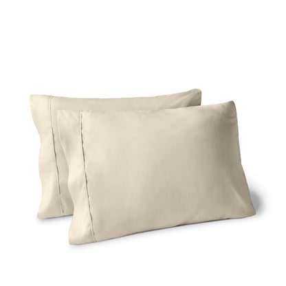 Two pillows on a white background with pillowcases on them