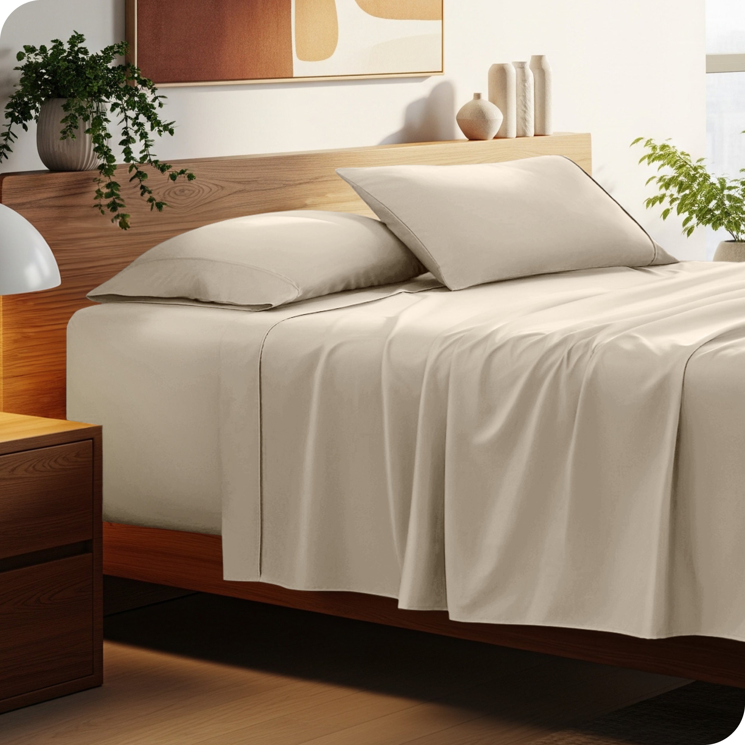 Bed with microfiber bedding and wooden headboard in a bedroom setting