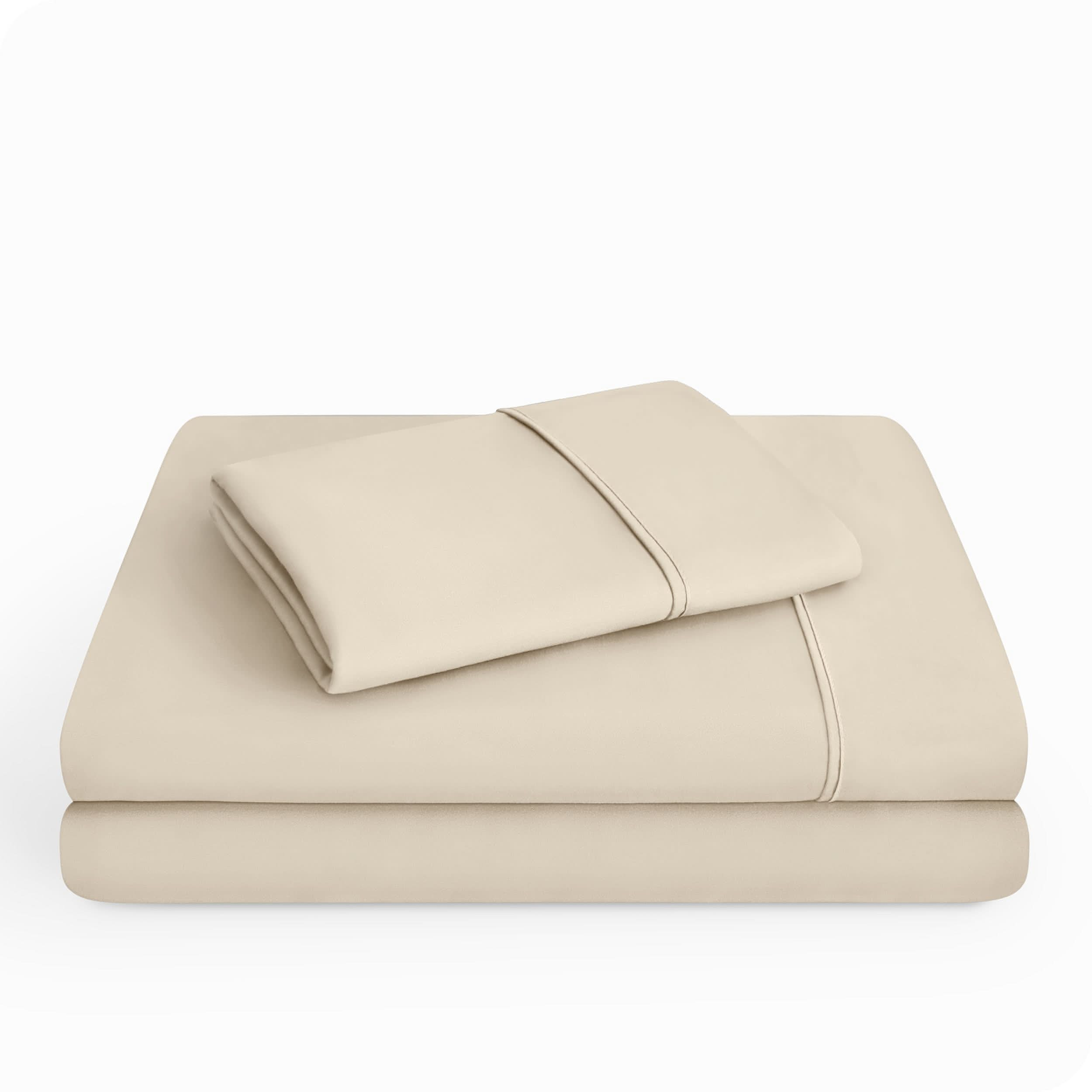 Microfiber sheet set folded and stacked neatly.