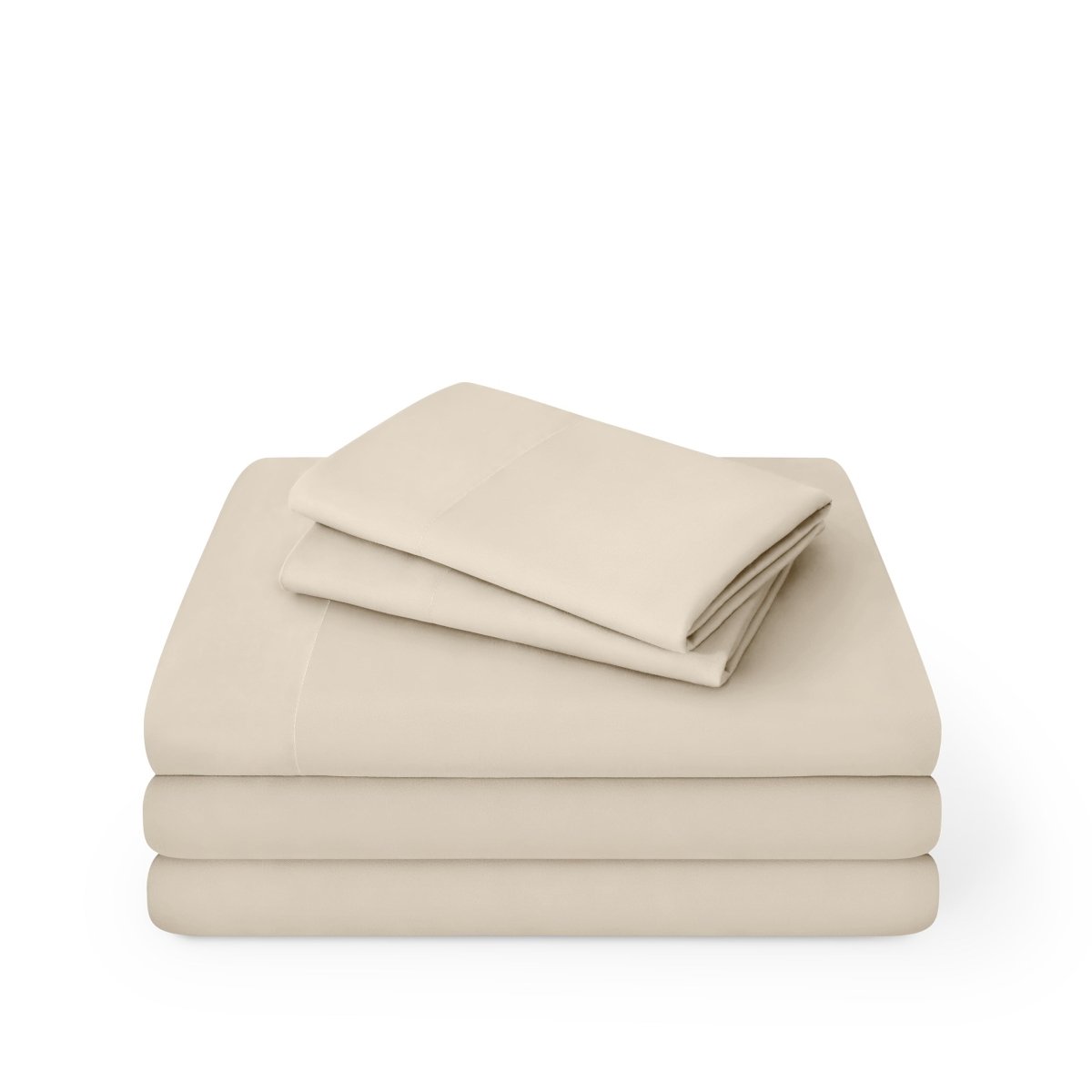 Microfiber sheet set folded and stacked on a white background