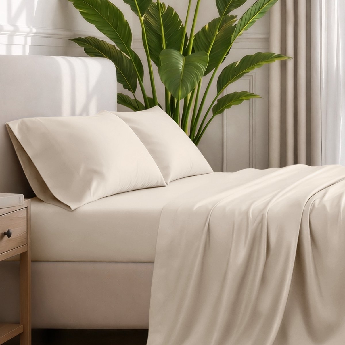 Ultra-soft sheets and pillowcases on a bed with a plant in the background