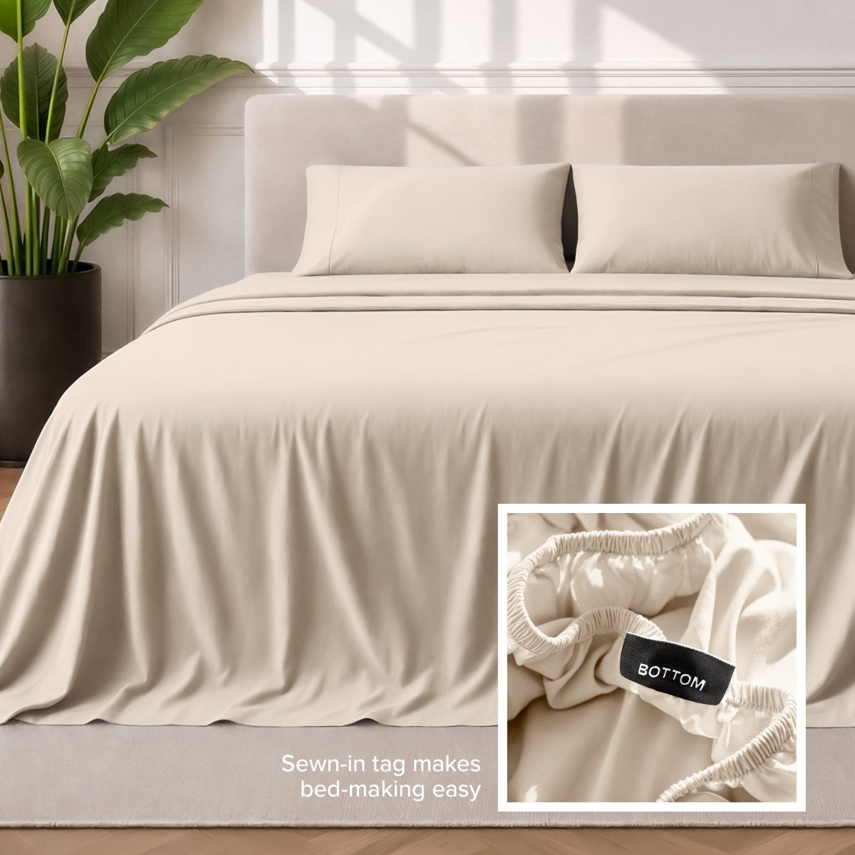 Sewn-in tag makes bed-making easy