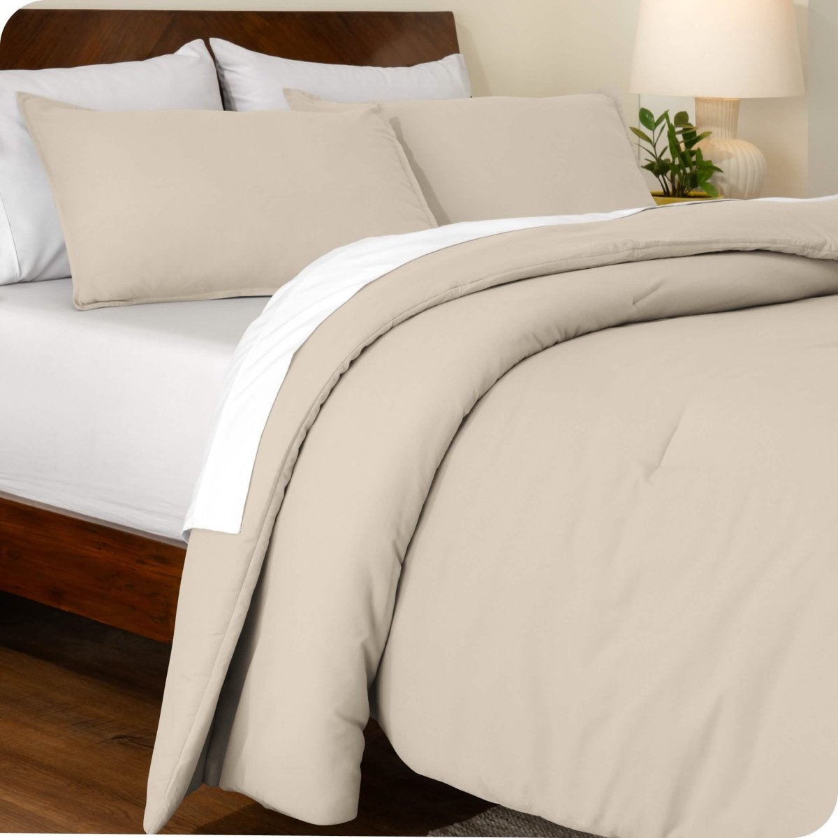 An angled view of a comforter set on a bed