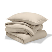A comforter set folded and stacked