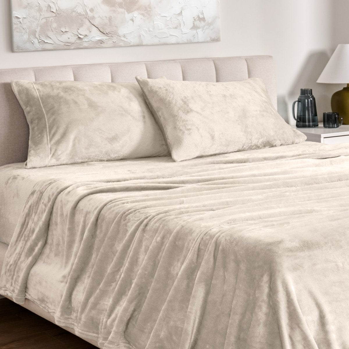 Microplush sheet set on a bed.