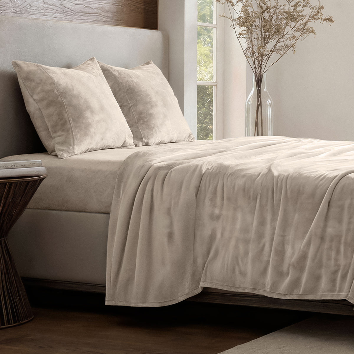 Neatly made bed in a well-lit bedroom.
