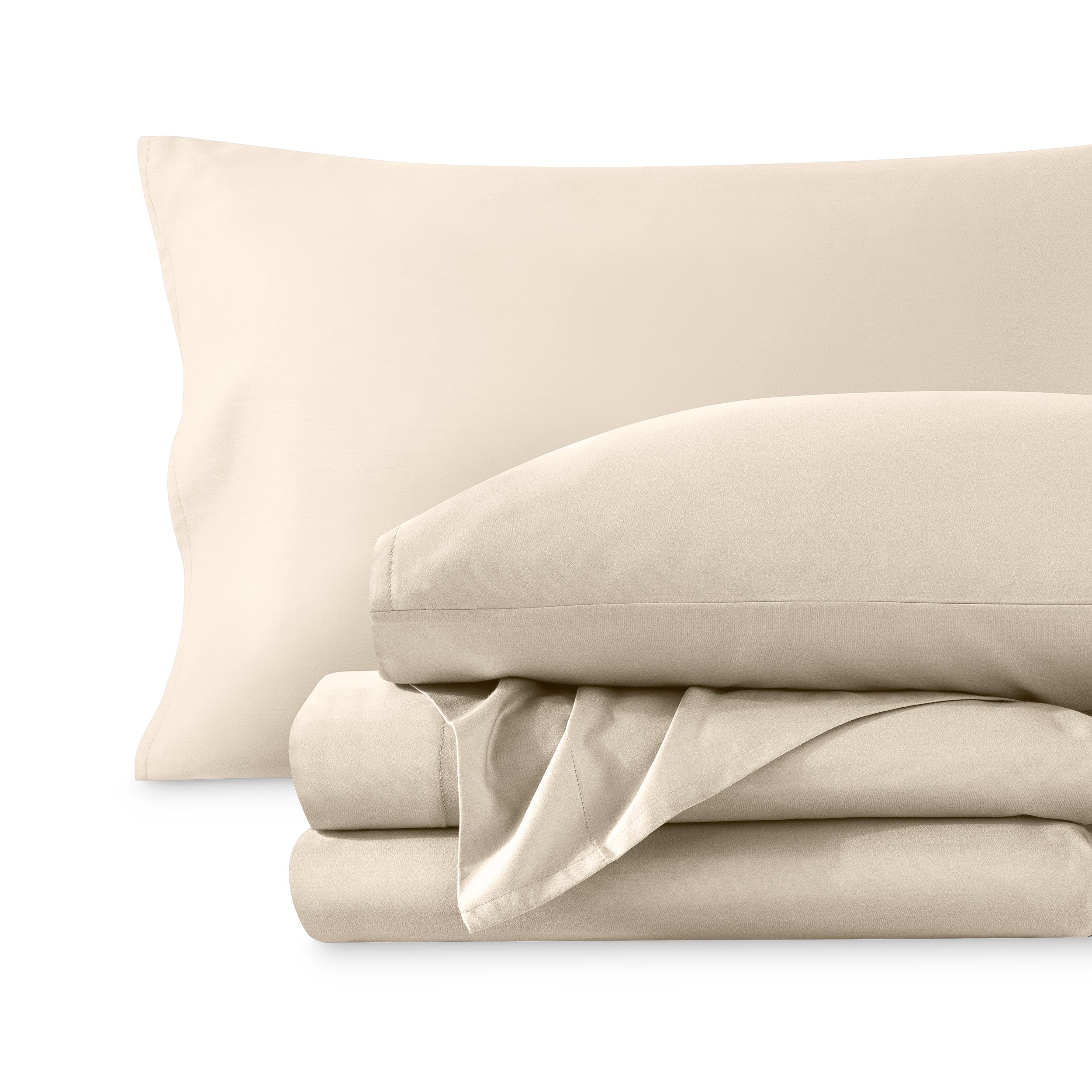 A sateen sheet set folded and stacked on a white background.