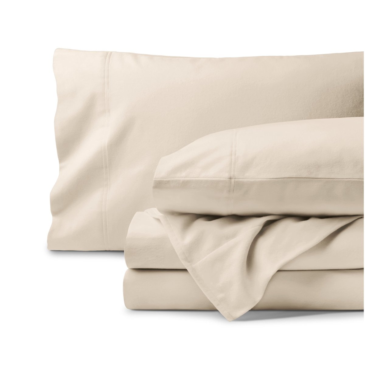 Organic flannel bed sheets and pillowcase set on a white background