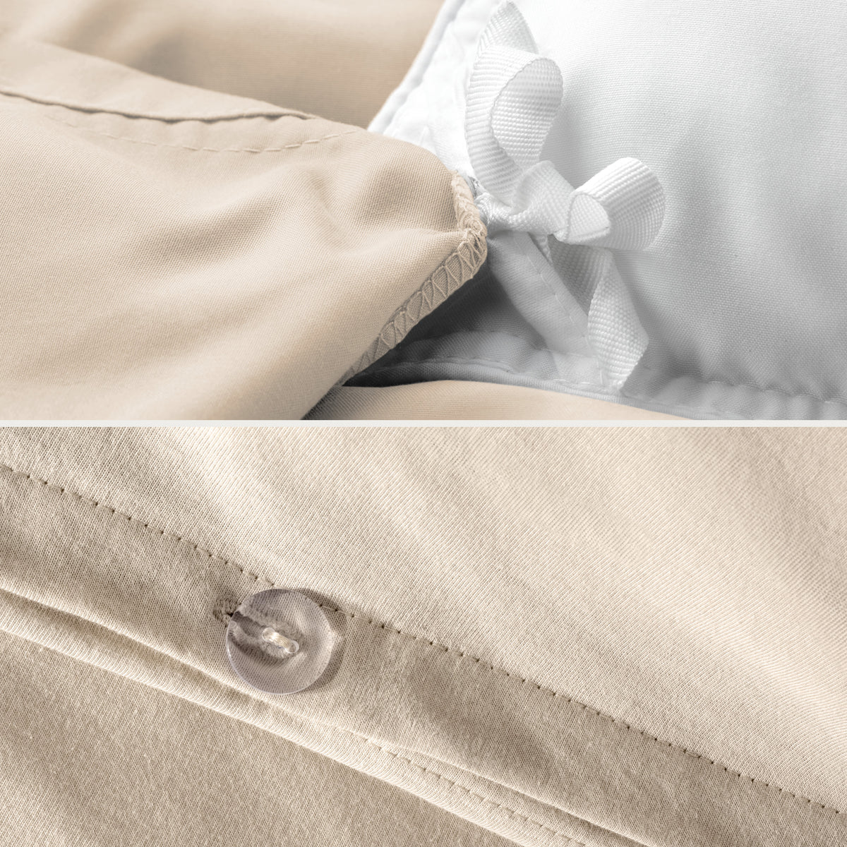Close up of the ties on a duvet cover and the button closure