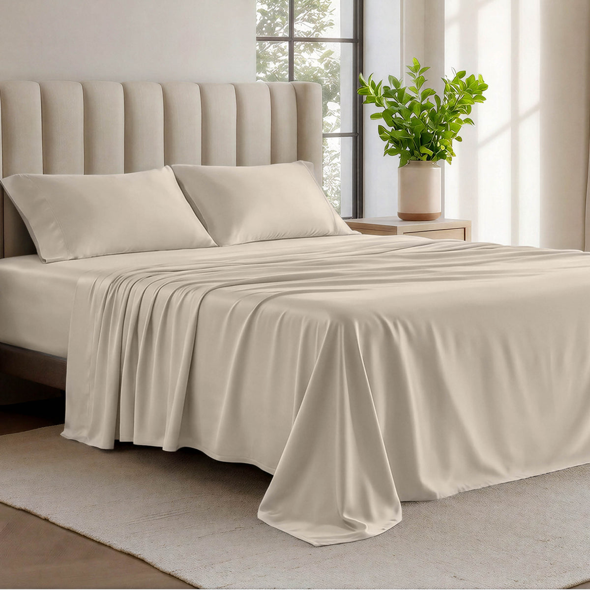 Organic cotton jersey sheets on a bed with a wicker headboard in a room with plants and a lamp.