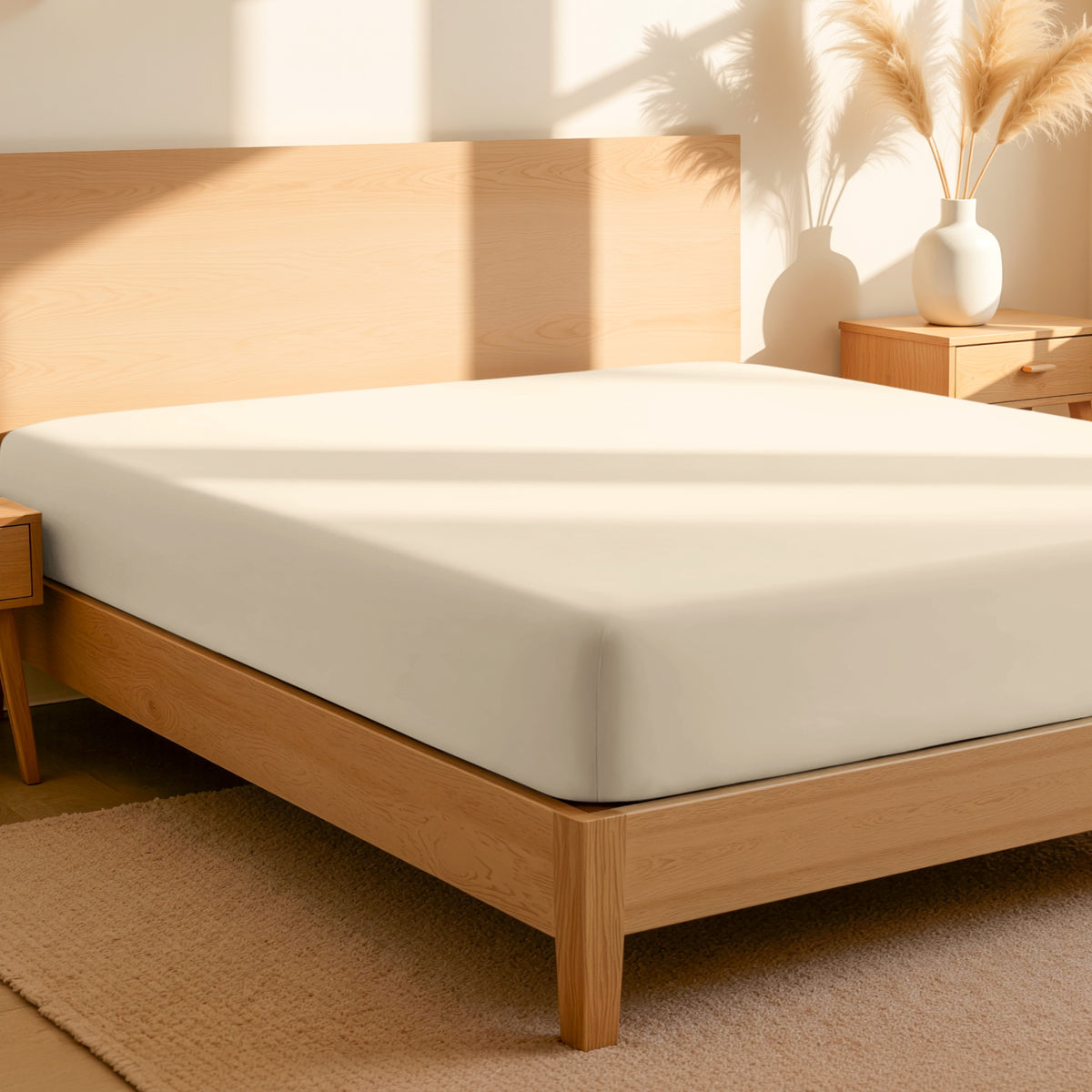 Fitted sheet on a bed in a bedroom setting with a lamp and plant.