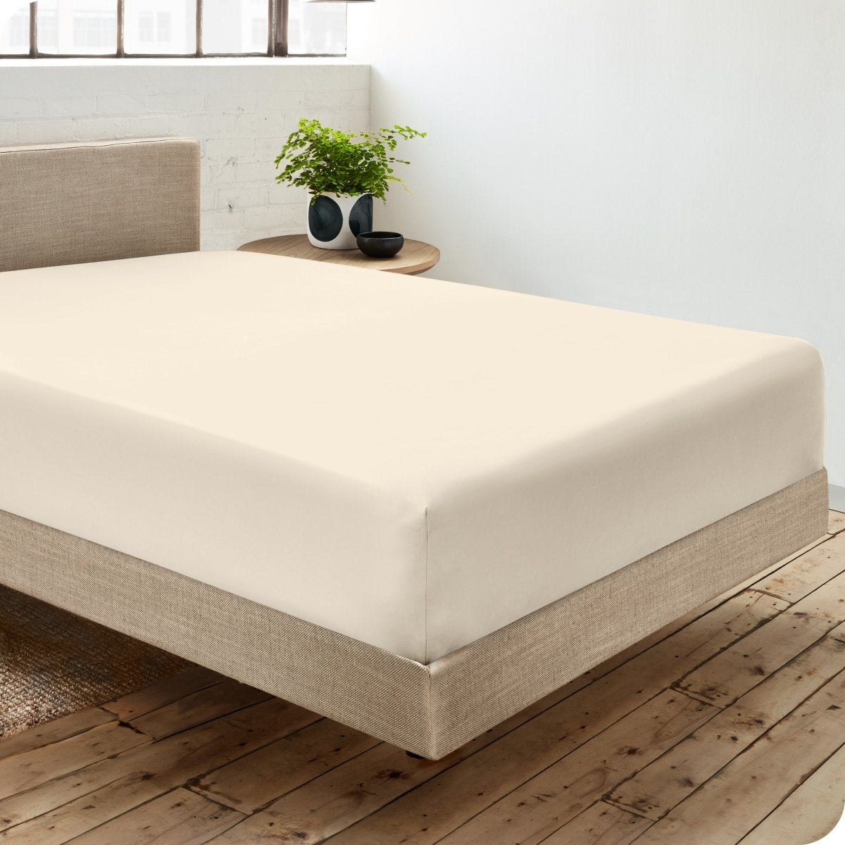 Diagonal view of room scene with percale fitted sheet on the bed
