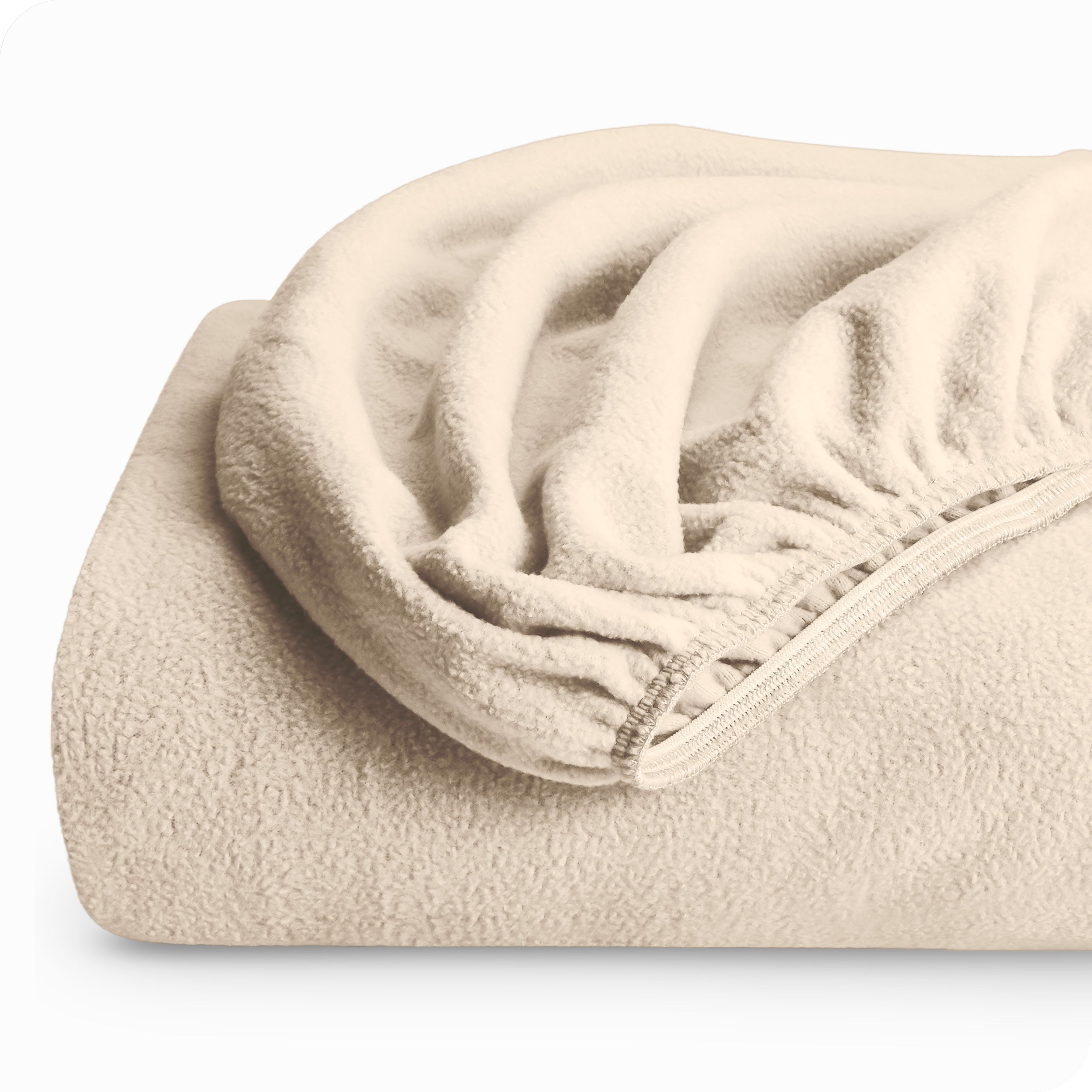 A folded polar fleece fitted sheet.