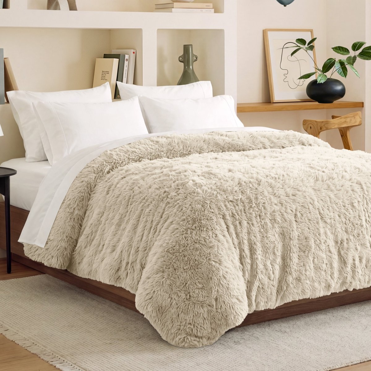 Shaggy duvet cover on a bed in a bedroom setting with shelves and decor.