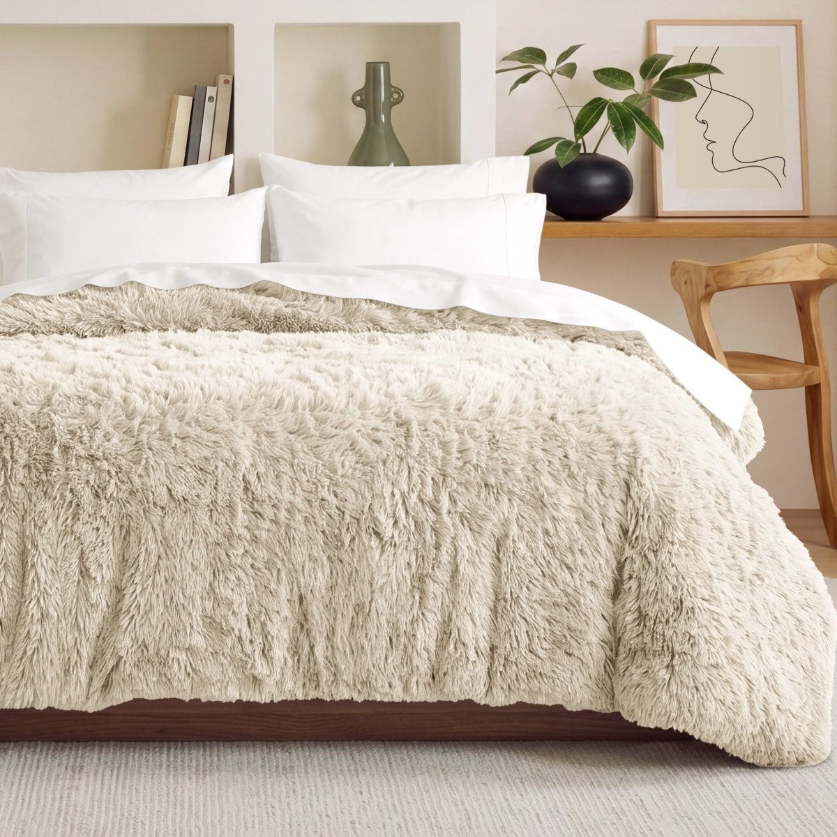 Shaggy duvet on a bed in a bedroom setting with decor elements.