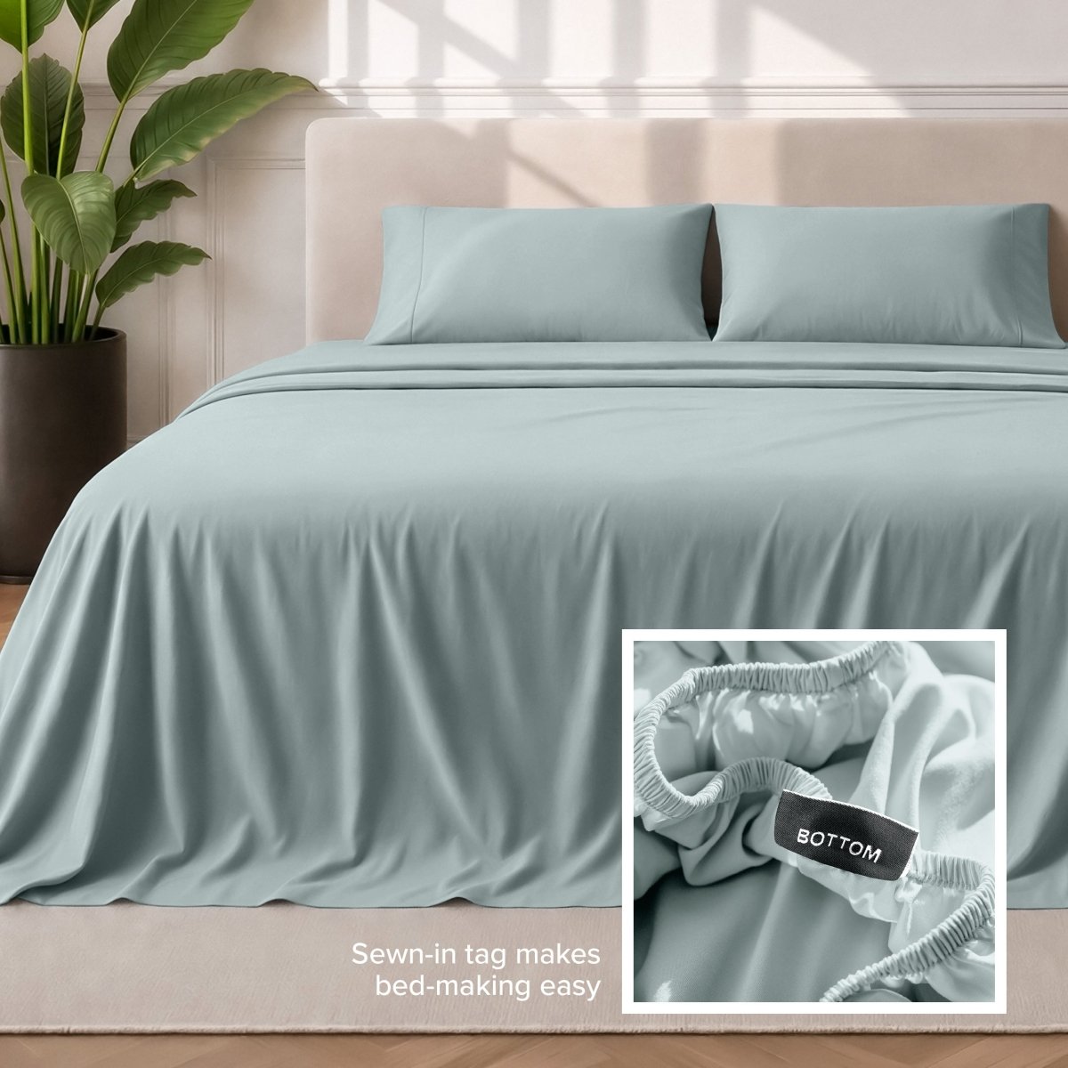Sewn-in tag makes bed-making easy