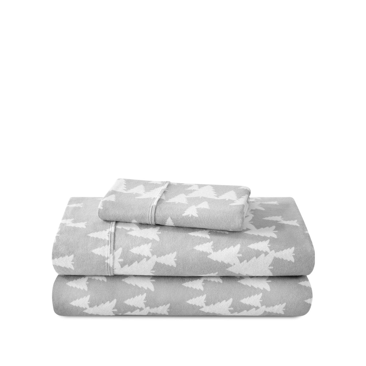 Winter trees flannel sheet set folded and stacked