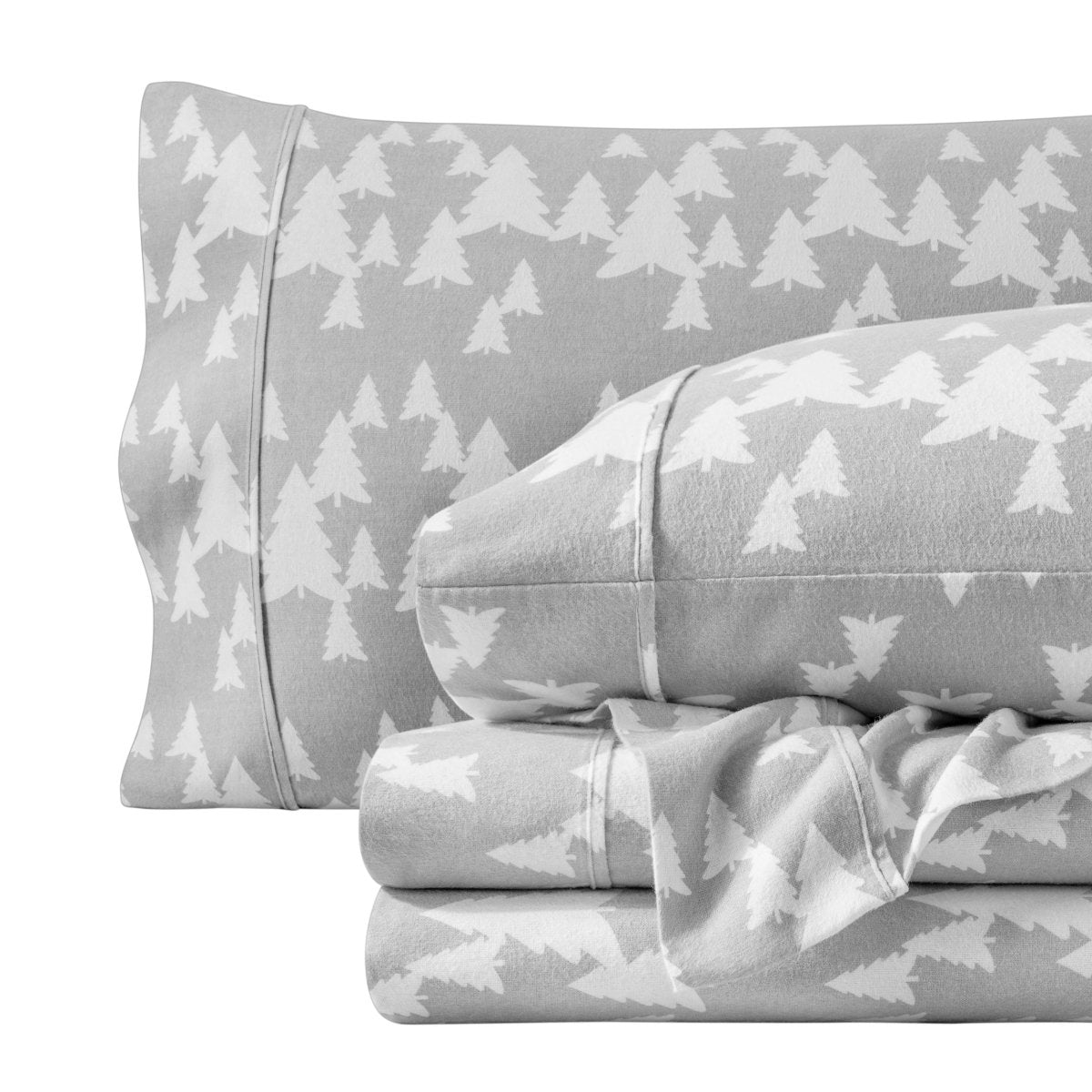 Gray bed sheet set with white tree pattern on a white background