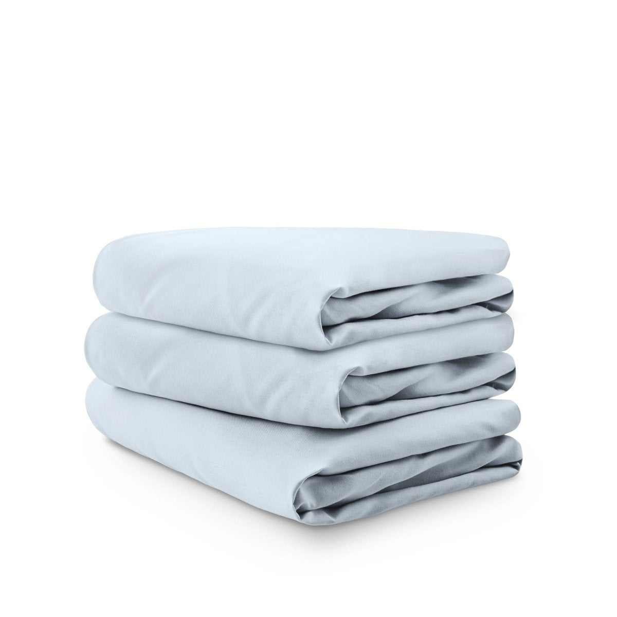 Stack of blue folded crib sheets on a white background