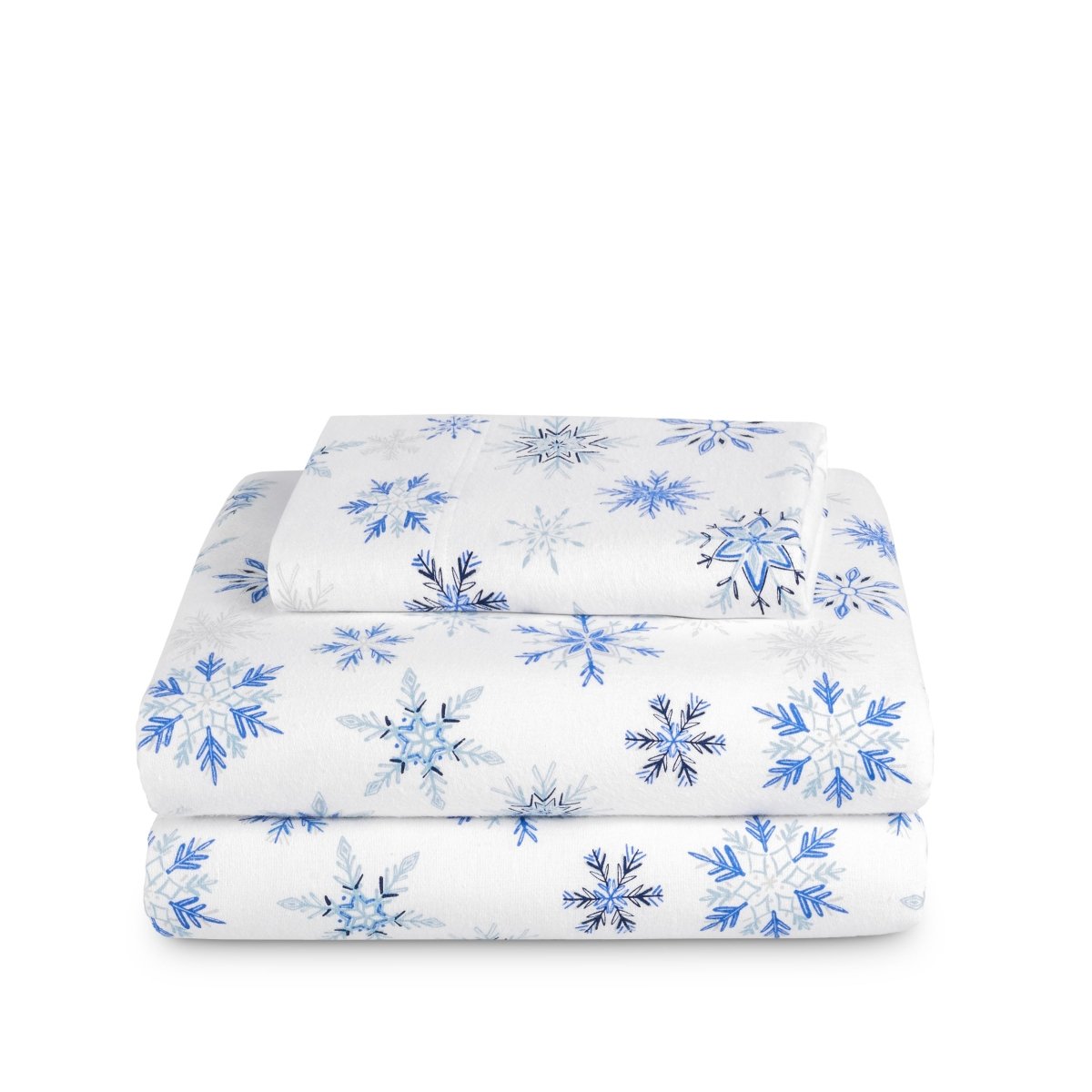 Stack of flannel sheets and pillowcases on a white background