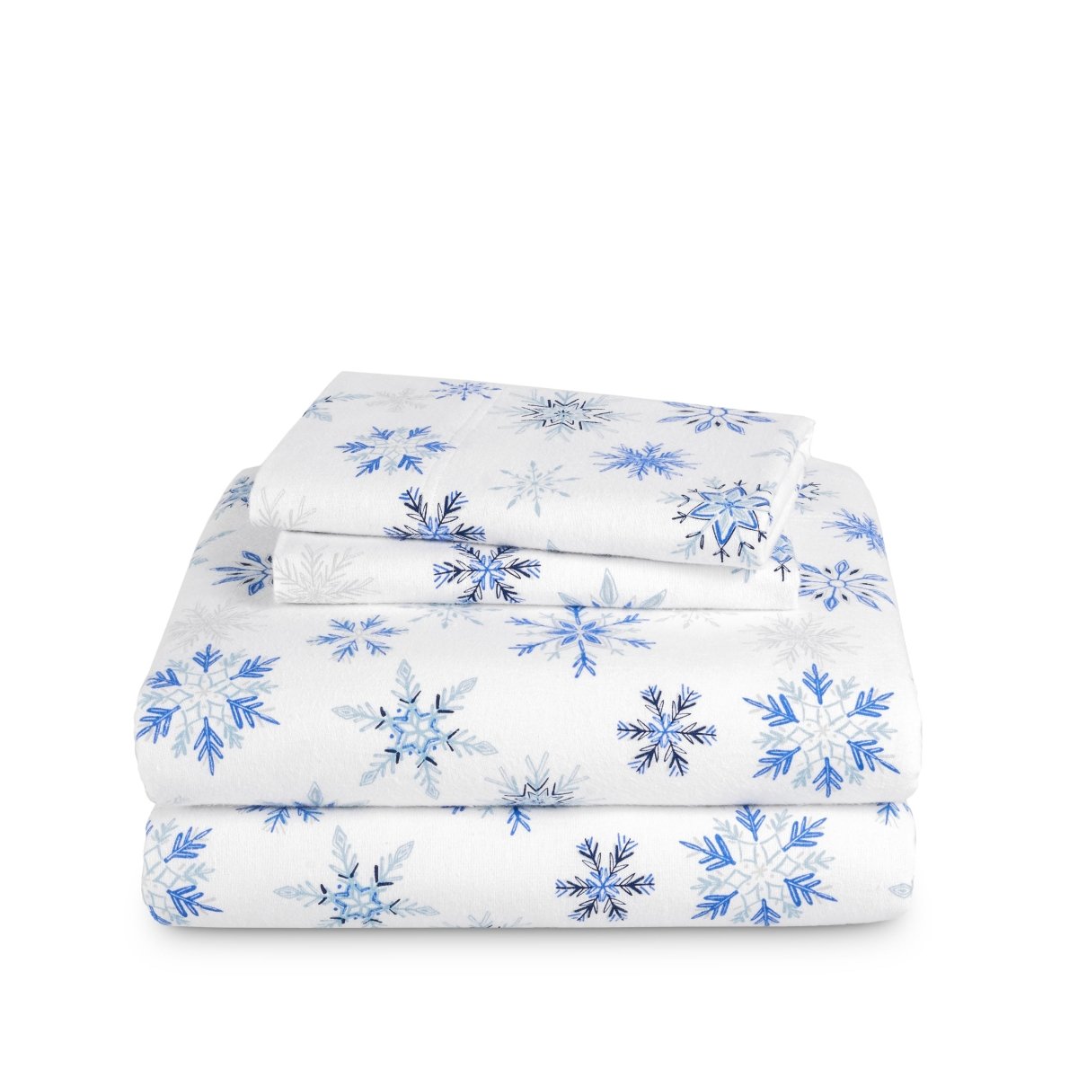 Stack of flannel sheets and pillowcases on a white background