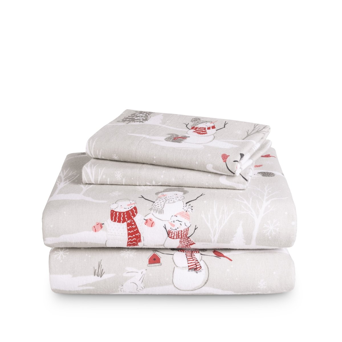 Stack of flannel sheets and pillowcases on a white background