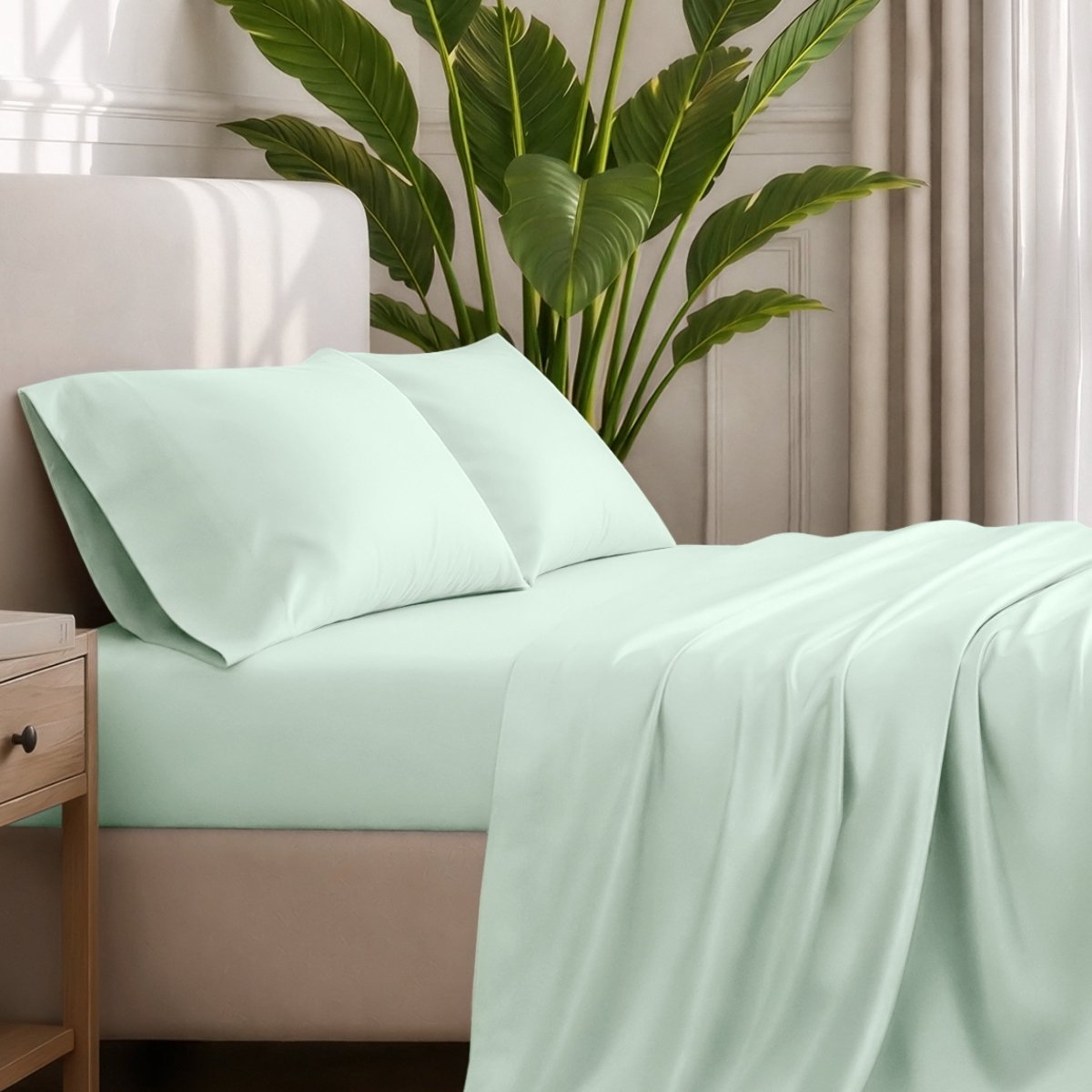 Ultra-soft sheets and pillowcases on a bed with a plant in the background