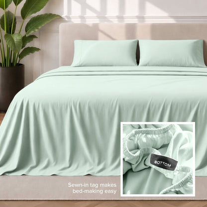 Sewn-in tag makes bed-making easy