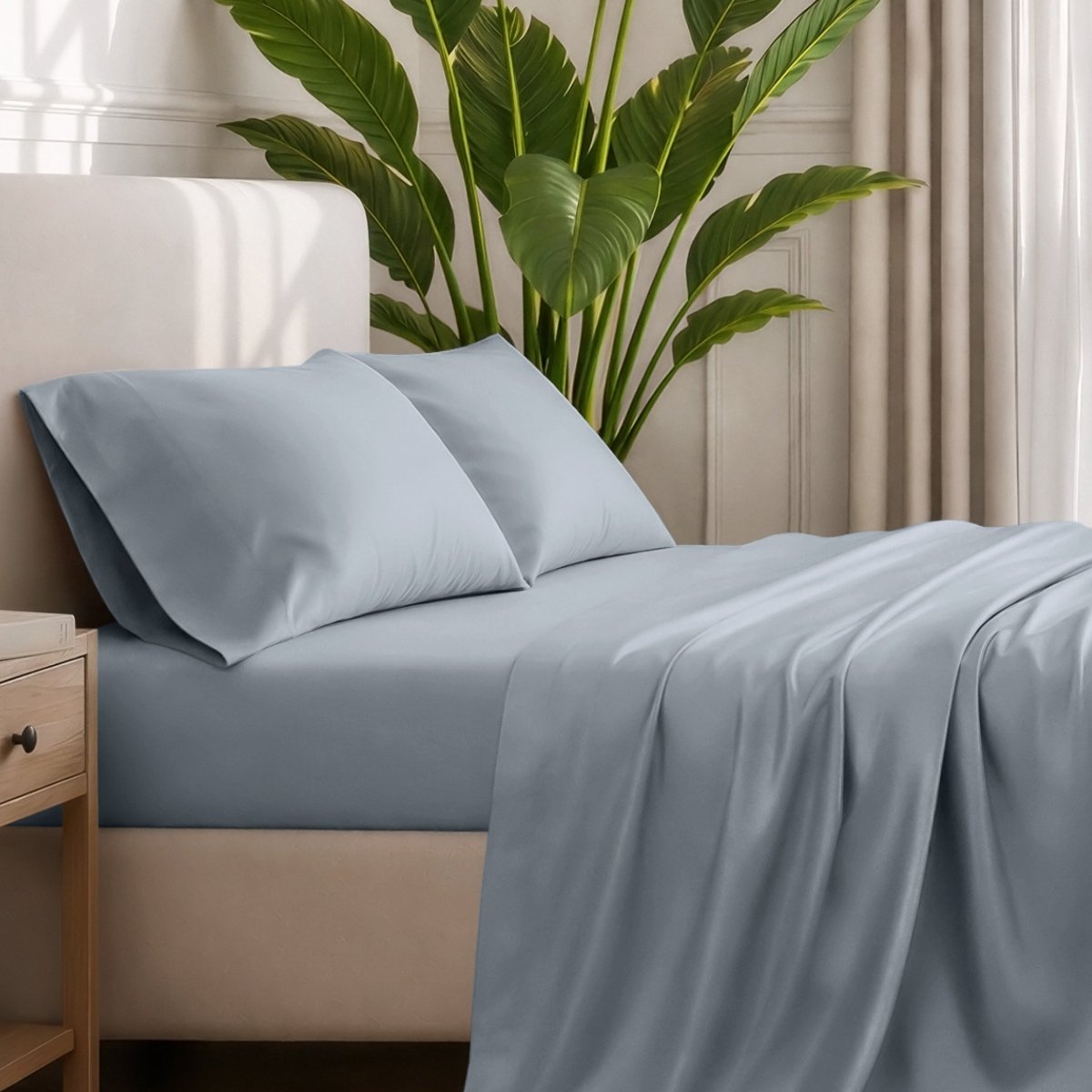 Ultra-soft sheets and pillowcases on a bed with a plant in the background