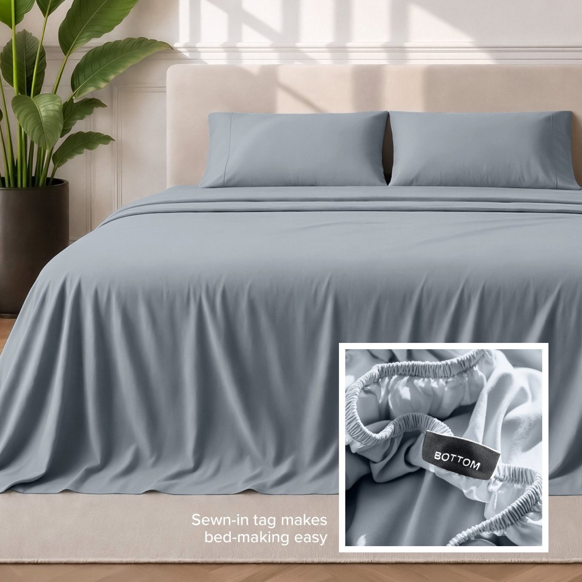 Sewn-in tag makes bed-making easy